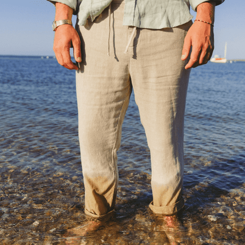 Drawstring Linen Trousers in Beige