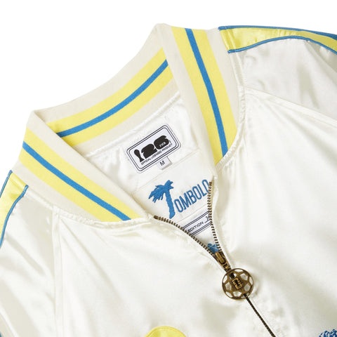 Close-up of the collar of the FIFA Souvenir Jacket, featuring a limited edition interior label.