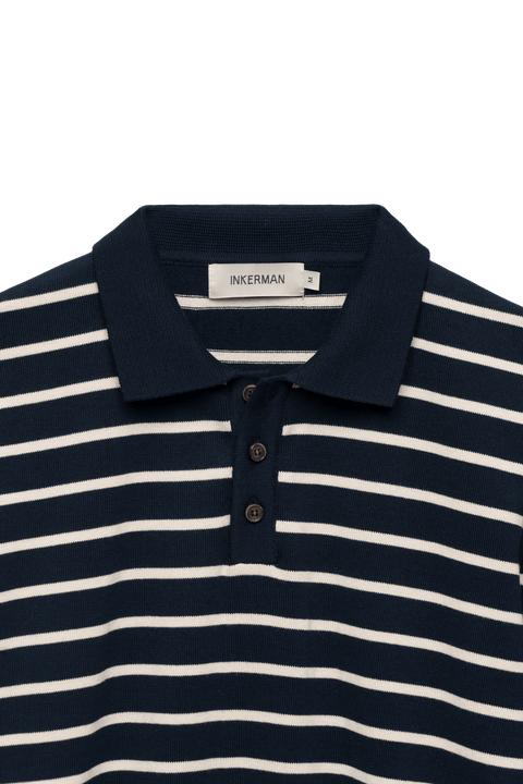 Long Sleeve Knit Polo in Navy Stripe