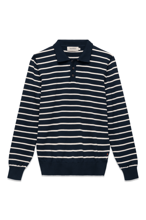 Long Sleeve Knit Polo in Navy Stripe
