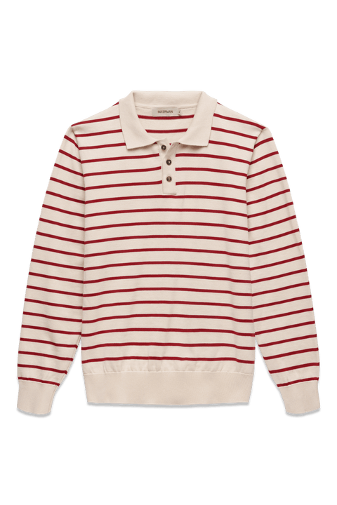 Long Sleeve Knit Polo in Red Stripe