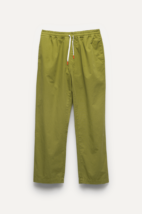 Olive green drawstring pants with a white cord and small orange tips, shown flat against a light gray background - Inkerman NYC
