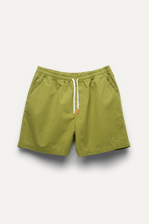 Olive green drawstring shorts with a white cord and orange tips, laid flat on a light gray background - Inkerman NYC