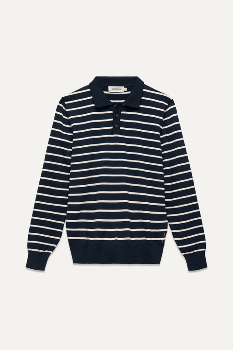 Long Sleeve Knit Polo in Navy Stripe