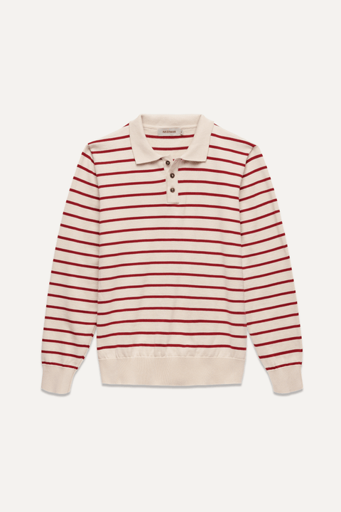 Long Sleeve Knit Polo in Red Stripe