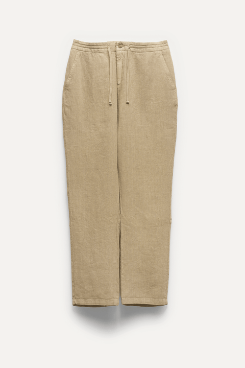 Drawstring Linen Trousers in Beige