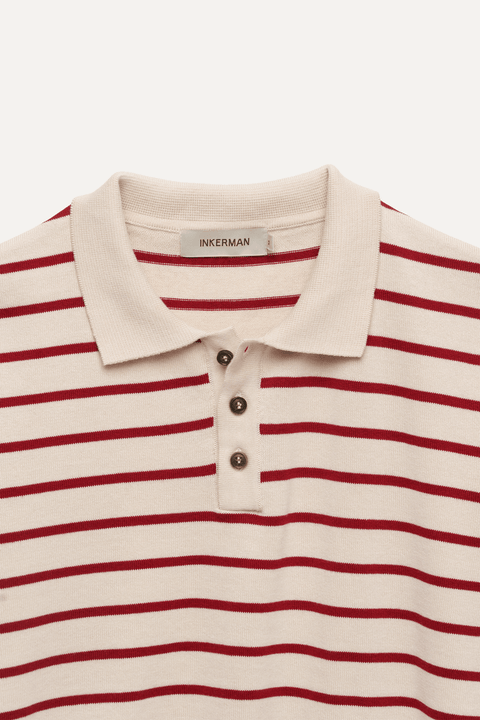 Long Sleeve Knit Polo in Red Stripe