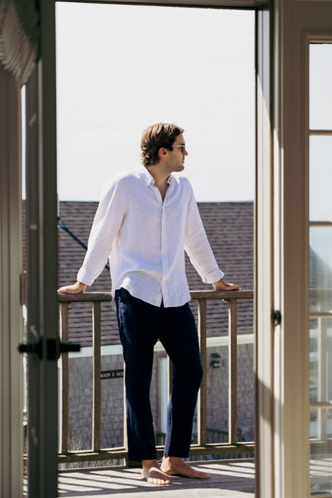 The Linen Shirt in Tan Stripe