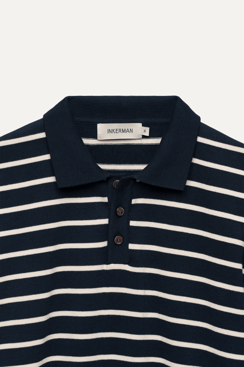 Long Sleeve Knit Polo in Navy Stripe